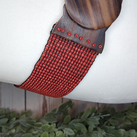 Vtg Glass Bead Wood Stretchy Elastic Belt Burnt Orange‎ Belt Women OS Bohemian main image 6